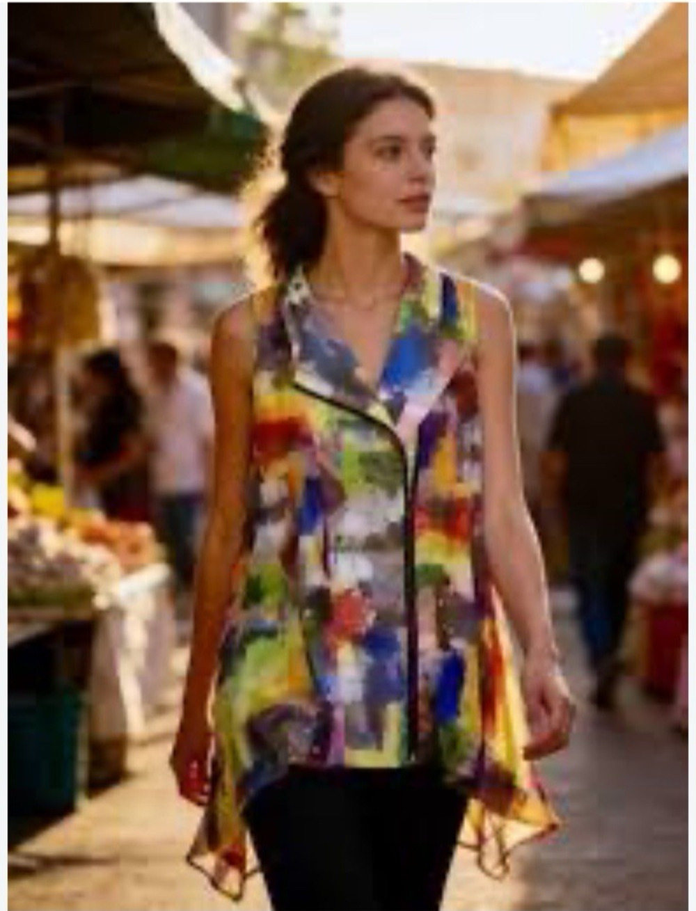 Radzoli Artsy Abstract Sheer Asymmetric Lagenlook boho Vest Top Tunic Zipper L